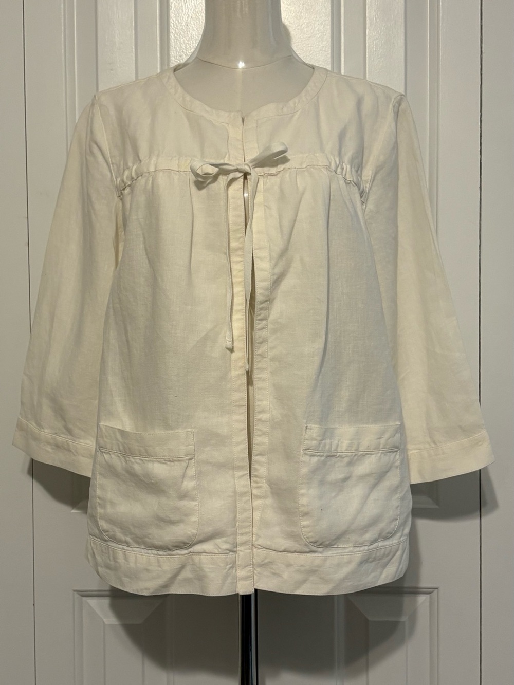 J. JILL, White Tie-Front Linen Jacket with Front Patch Pockets, Size PS
